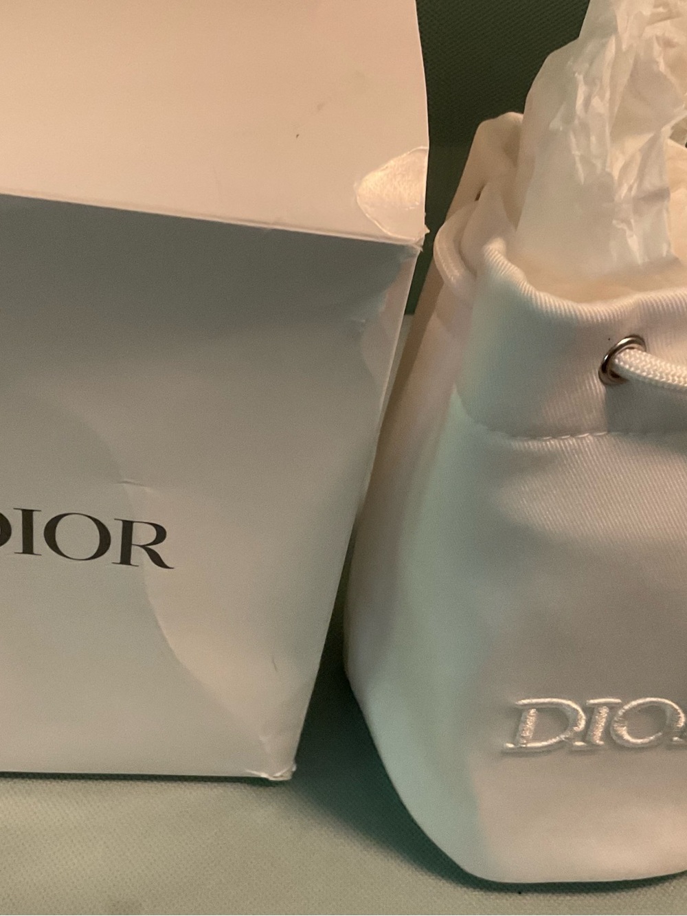Christian Dior White Embroidered Drawstring Pouch With Skincare new